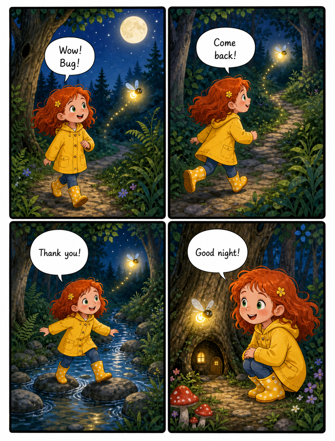 Comic page: a child discovers fireflies in a forest