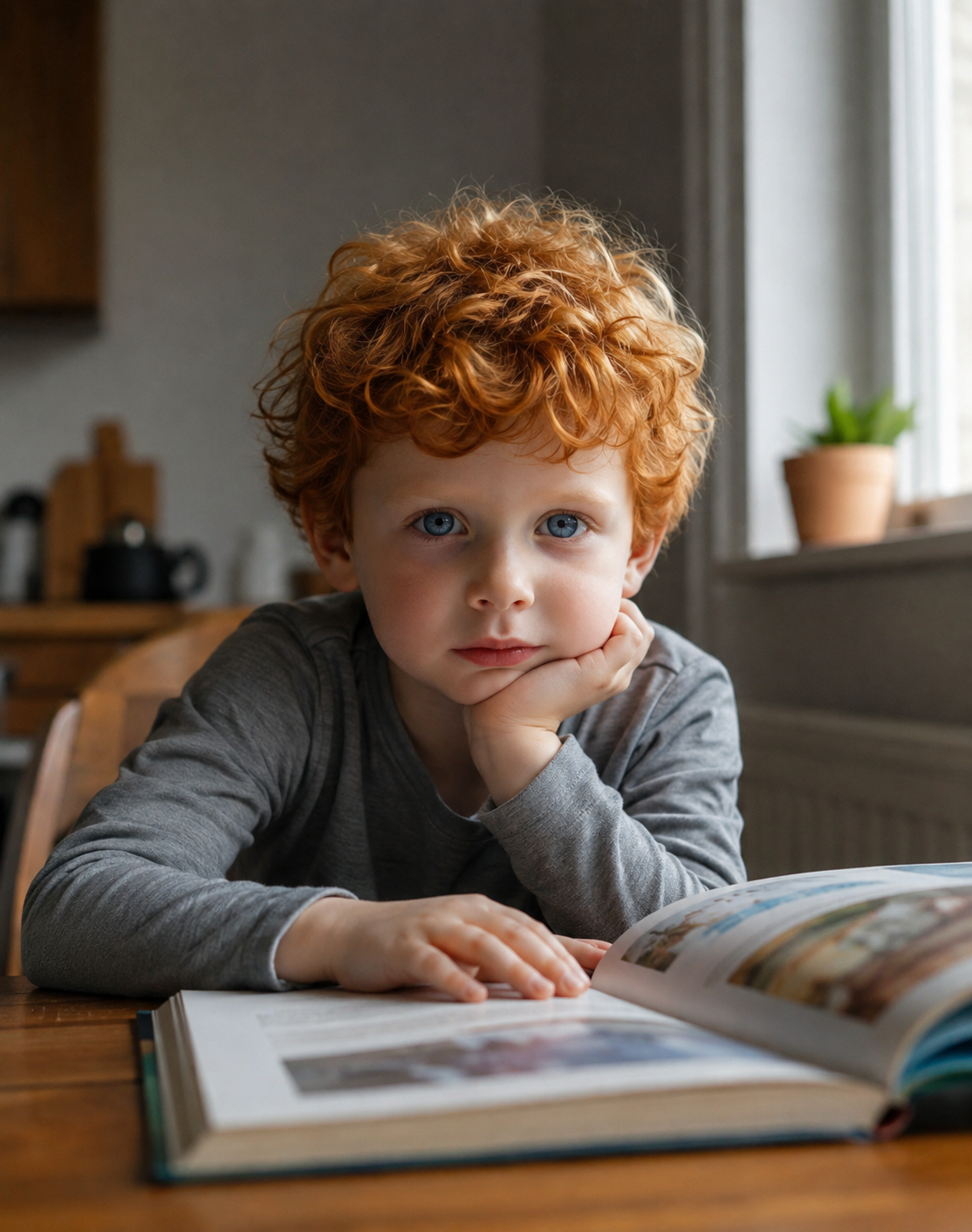A bored child resting their chin on their hand next to an open book