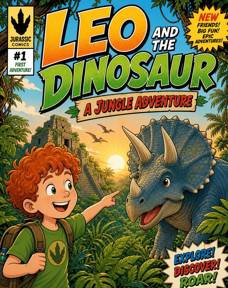 Comic book cover starring the same child as a jungle adventure hero