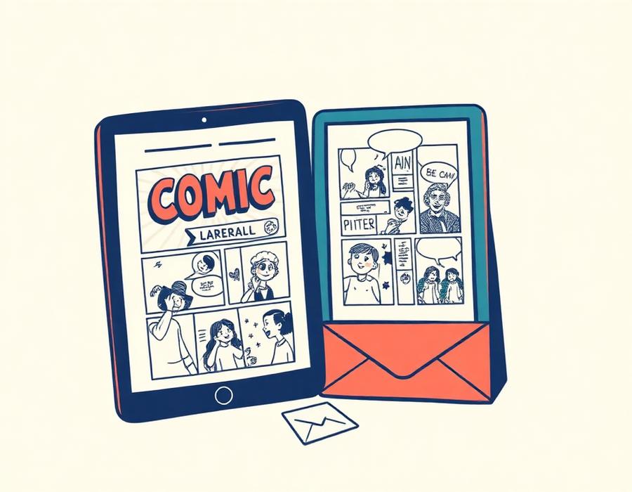A printed picture book next to a tablet and an envelope