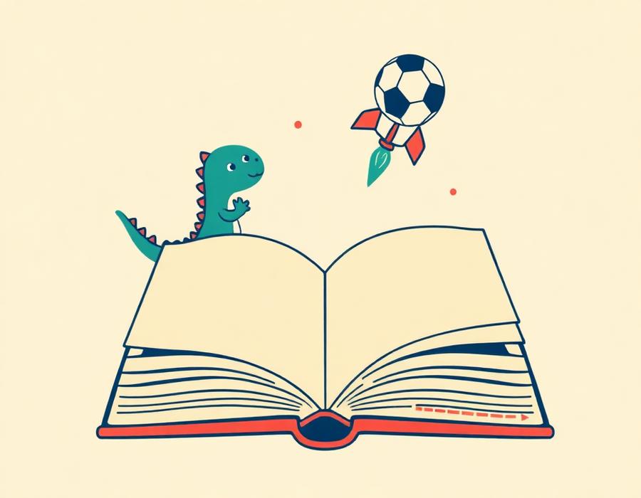 An open picture book with a dinosaur, a rocket and a football above it